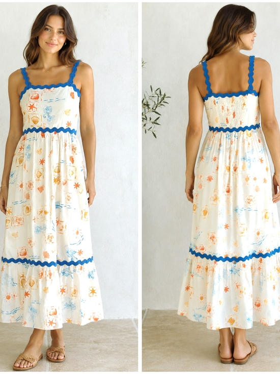CeCe Dresses & Skirts - CeCe, Coastal Maxi Dress with Blue Ric Rac Trim
